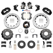 Wilwood rear Forged Narrow Superlite 4R kit components for Big Ford New Style 2.50-Inch Offset, black calipers and 12.88-inch srp drilled and slotted rotors, with electric parking calipers