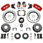Wilwood rear AERO4 kit components for Big Ford New Style 2.50-Inch Offset, red calipers and 14-inch srp drilled and slotted rotors, with electric parking calipers