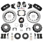 Wilwood rear AERO4 kit components for Big Ford New Style 2.50-Inch Offset, black calipers and 14-inch srp drilled and slotted rotors, with electric parking calipers