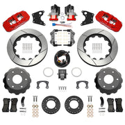 Wilwood rear AERO4 kit components for Big Ford New Style 2.50-Inch Offset, red calipers and 14-inch gt slotted rotors, with electric parking calipers