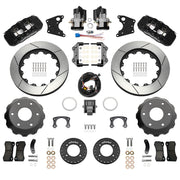 Wilwood rear AERO4 kit components for Big Ford New Style 2.50-Inch Offset, black calipers and 14-inch gt slotted rotors, with electric parking calipers