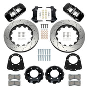 Wilwood front AERO6 kit components for GM K-Series/Blazer/Jimmy 6-Lug 4x4, black calipers and 15-inch srp drilled and slotted rotors