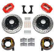 Wilwood rear Forged Dynalite Internal kit components for GM K-Series/Blazer/Jimmy 6-Lug 4x4, red calipers and 12.19-inch srp drilled and slotted rotors, with internal parking shoes