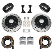 Wilwood rear Forged Dynalite Internal kit components for GM K-Series/Blazer/Jimmy 6-Lug 4x4, black calipers and 12.19-inch srp drilled and slotted rotors, with internal parking shoes