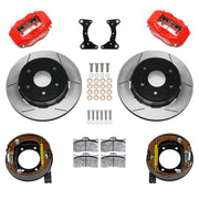 Wilwood rear Forged Dynalite Internal kit components for GM K-Series/Blazer/Jimmy 6-Lug 4x4, red calipers and 12.19-inch gt slotted rotors, with internal parking shoes