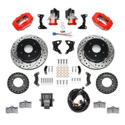 Wilwood rear Forged Dynalite Internal kit components for GM K-Series/Blazer/Jimmy 6-Lug 4x4, red calipers and 12.19-inch srp drilled and slotted rotors, with electric parking calipers