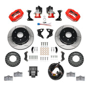 Wilwood rear Forged Dynalite Internal kit components for GM K-Series/Blazer/Jimmy 6-Lug 4x4, red calipers and 12.19-inch gt slotted rotors, with electric parking calipers