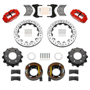 Wilwood rear Forged Narrow Superlite 4R kit components for GM K-Series/Blazer/Jimmy 6-Lug 4x4, red calipers and 12.88-inch srp drilled and slotted rotors, with internal parking shoes