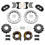 Wilwood rear Forged Narrow Superlite 4R kit components for GM K-Series/Blazer/Jimmy 6-Lug 4x4, black calipers and 12.88-inch srp drilled and slotted rotors, with internal parking shoes