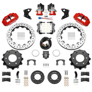 Wilwood rear Forged Narrow Superlite 4R kit components for GM K-Series/Blazer/Jimmy 6-Lug 4x4, red calipers and 12.88-inch srp drilled and slotted rotors, with electric parking calipers