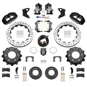 Wilwood rear Forged Narrow Superlite 4R kit components for GM K-Series/Blazer/Jimmy 6-Lug 4x4, black calipers and 12.88-inch srp drilled and slotted rotors, with electric parking calipers