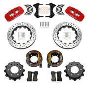 Wilwood rear AERO4 kit components for GM K-Series/Blazer/Jimmy 6-Lug 4x4, red calipers and 14-inch srp drilled and slotted rotors, with internal parking shoes