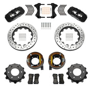 Wilwood rear AERO4 kit components for GM K-Series/Blazer/Jimmy 6-Lug 4x4, black calipers and 14-inch srp drilled and slotted rotors, with internal parking shoes
