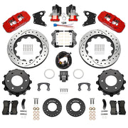 Wilwood rear AERO4 kit components for GM K-Series/Blazer/Jimmy 6-Lug 4x4, red calipers and 14-inch srp drilled and slotted rotors, with electric parking calipers