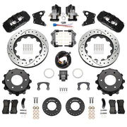Wilwood rear AERO4 kit components for GM K-Series/Blazer/Jimmy 6-Lug 4x4, black calipers and 14-inch srp drilled and slotted rotors, with electric parking calipers