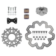Wilwood GP200 right rear brake kit for Sprint Cars, 10.50-inch scalloped steel rotor and components laid out