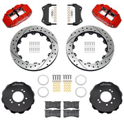 Wilwood red FNSL6R front brake kit for Nissan 240SX / Skyline / 300ZX, 12.88-inch drilled and slotted rotors and components laid out