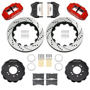 Wilwood red FNSL6R front brake kit for Nissan 240SX / Skyline / 300ZX, 14.00-inch drilled and slotted rotors and components laid out
