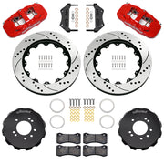 Wilwood red AERO6 front brake kit for Nissan 240SX / Skyline / 300ZX, 14.00-inch drilled and slotted rotors and components laid out