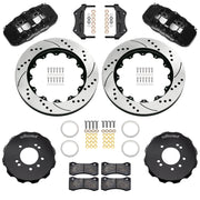 Wilwood black AERO6 front brake kit for Nissan 240SX / Skyline / 300ZX, 14.00-inch drilled and slotted rotors and components laid out