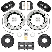 Wilwood black AERO6 front brake kit for 1995–1998 Nissan Skyline R33, 14.00-inch drilled and slotted rotors and components laid out