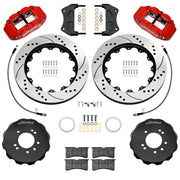 Wilwood red FNSL6R front brake kit for 1999–2002 Nissan Skyline R34, 14.00-inch drilled and slotted rotors and components laid out