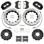 Wilwood black FNSL6R front brake kit for 1999–2002 Nissan Skyline R34, 14.00-inch drilled and slotted rotors and components laid out