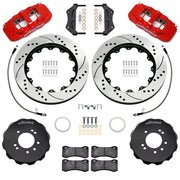 Wilwood red AERO6 front brake kit for 1999–2002 Nissan Skyline R34, 14.00-inch drilled and slotted rotors and components laid out