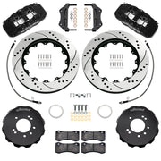 Wilwood black AERO6 front brake kit for 1999–2002 Nissan Skyline R34, 14.00-inch drilled and slotted rotors and components laid out