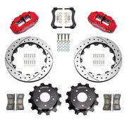 Wilwood red FNSL4R rear brake kit for Nissan Skyline / 300ZX, 13.50-inch drilled and slotted rotors and components laid out