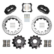 Wilwood black FNSL4R rear brake kit for Nissan Skyline / 300ZX, 13.50-inch drilled and slotted rotors and components laid out