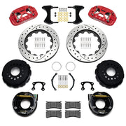 Wilwood red XRS4R rear brake kit for Big Ford New Style 2.50-inch Offset, 14.00-inch drilled and slotted rotors and components laid out