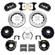 Wilwood black XRS4R rear brake kit for Big Ford New Style 2.50-inch Offset, 14.00-inch drilled and slotted rotors and components laid out