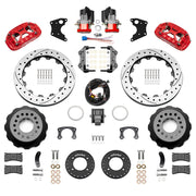 Wilwood red XRS4R / EPB rear brake kit for Big Ford New Style 2.50-inch Offset, 12.88-inch drilled and slotted rotors and components laid out