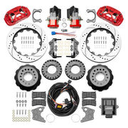 Wilwood red XRS4R / EPB rear brake kit for Big Ford New Style 2.50-inch Offset, 14.00-inch drilled and slotted rotors and components laid out