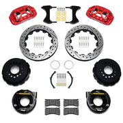 Wilwood red XRS4R rear brake kit for Chevrolet / GMC Large C10 Axle, 2.42-inch Offset, 12.88-inch drilled and slotted rotors and components laid out