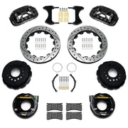 Wilwood black XRS4R rear brake kit for Chevrolet / GMC Large C10 Axle, 2.42-inch Offset, 12.88-inch drilled and slotted rotors and components laid out