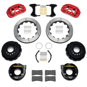 Wilwood red XRS4R rear brake kit for Chevrolet / GMC Large C10 Axle, 2.42-inch Offset, 12.88-inch slotted rotors and components laid out