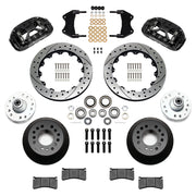 Wilwood black XRS6R front brake kit for Chevrolet / GMC Trucks with Wilwood Iron ProSpindles, 12.88-inch drilled and slotted rotors and components laid out