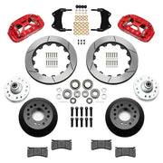 Wilwood red XRS6R front brake kit for Chevrolet / GMC Trucks with Wilwood Iron ProSpindles, 12.88-inch slotted rotors and components laid out