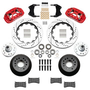 Wilwood red XRS6R front brake kit for Chevrolet / GMC Trucks with Wilwood Iron ProSpindles, 14.00-inch drilled and slotted rotors and components laid out
