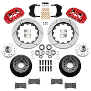 Wilwood red XRS6R front brake kit for Chevrolet / GMC Trucks with Wilwood Iron ProSpindles, 14.00-inch slotted rotors and components laid out
