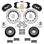 Wilwood black XRS6R front brake kit for Chevrolet / GMC Trucks with Wilwood Iron ProSpindles, 14.00-inch slotted rotors and components laid out