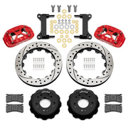 Wilwood red XRS6R front brake kit for 1963–1987 Chevrolet / GMC Trucks with Aluminum ProSpindles, 13.06-inch drilled and slotted rotors and components laid out