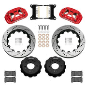 Wilwood red XRS6R front brake kit for 1963–1987 Chevrolet / GMC Trucks with Aluminum ProSpindles, 14.00-inch drilled and slotted rotors and components laid out