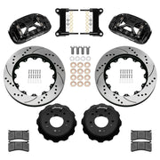 Wilwood black XRS6R front brake kit for 1963–1987 Chevrolet / GMC Trucks with Aluminum ProSpindles, 14.00-inch drilled and slotted rotors and components laid out