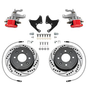 Wilwood red HM7 rear brake kit for Honda Civic / CRX / Civic del Sol Rear Drums, 9.37-inch drilled and slotted rotors and components laid out