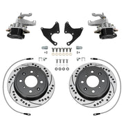 Wilwood black HM7 rear brake kit for Honda Civic / CRX / Civic del Sol Rear Drums, 9.37-inch drilled and slotted rotors and components laid out