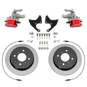 Wilwood red HM7 rear brake kit for Honda Civic / CRX / Civic del Sol Rear Drums, 9.37-inch plain rotors and components laid out