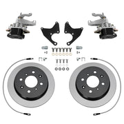 Wilwood black HM7 rear brake kit for Honda Civic / CRX / Civic del Sol Rear Drums, 9.37-inch plain rotors and components laid out